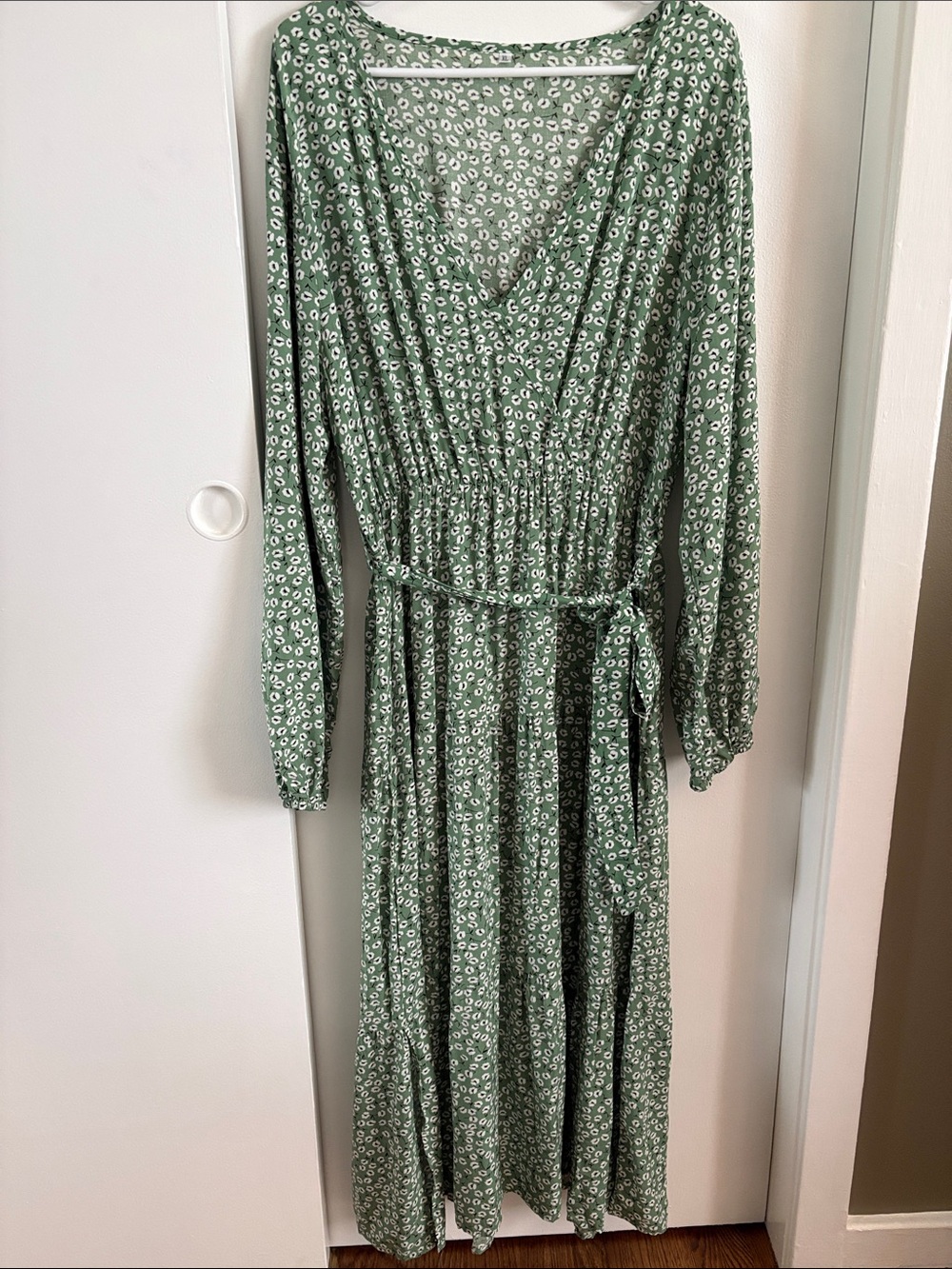 Green Floral Maxi Wrap-Style Dress with Tie Waist